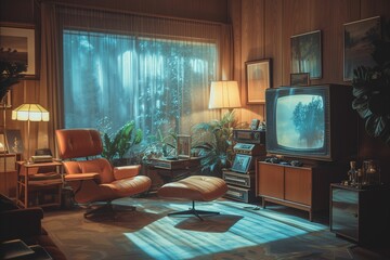 Fototapeta premium The warm glow of a vintage living room is accentuated by the cool blue light of a classic television screen, evoking a nostalgic yet timeless ambiance with a hint of sci-fi mystery.
