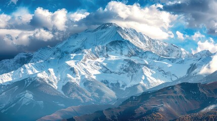 A large mountain covered in snow under a cloudy sky. Suitable for travel and nature themes