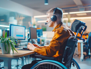 A person with a motor disability working in an inclusive workplace - obrazy, fototapety, plakaty