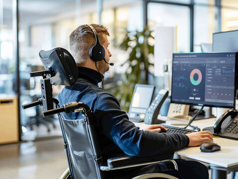 A person with a motor disability working in an inclusive workplace