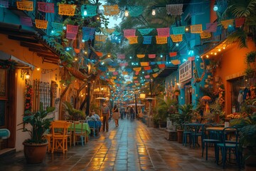 Fototapeta premium A cobblestone street in Mexico is adorned with colorful papel picado, illuminating a charming market atmosphere at dusk.