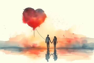Against a soft watercolor sunset, a couple gazes at the horizon, their silhouettes reflected on water's surface. A red heart-shaped balloon in their grasp symbolizes the love they share.