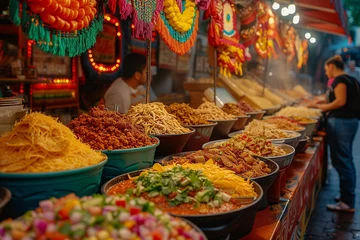 Fotobehang  An array of spicy snacks fills the frame at a lively Mexican street market, where the festive decor adds to the vibrant food scene. Customers browse the flavorful offerings © Nikolay