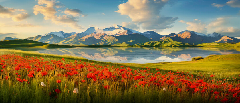 Scenic mountain landscape with a field with green grass and wild red poppies. Beautiful natural image of nature. Copy space