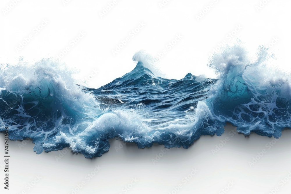 Poster Powerful wave crashing on white surface, suitable for various design projects