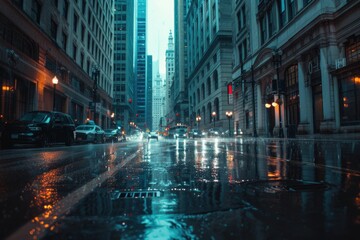 Fototapeta na wymiar A rainy city street with illuminated buildings and street lights. Suitable for urban and weather-related concepts
