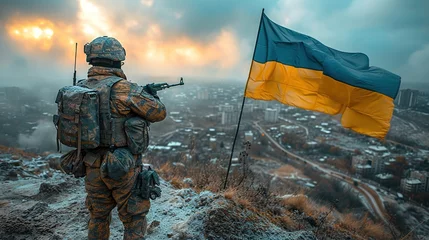 Fotobehang Ukrainian military holds the flag of Ukraine. The concept of victory. © Vasiliy