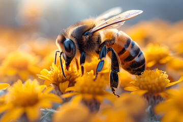Close-up of a bee collecting nectar from yellow flowers - obrazy, fototapety, plakaty