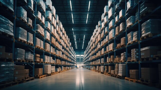 A large warehouse filled with boxes, perfect for logistics and storage concepts