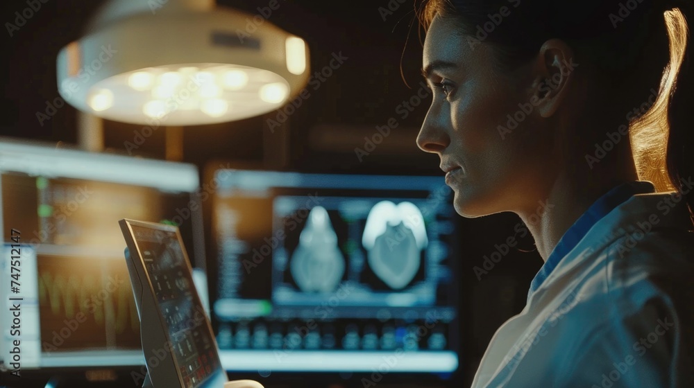 Poster A woman in a lab coat studying data on a computer screen. Suitable for scientific research and technology concepts