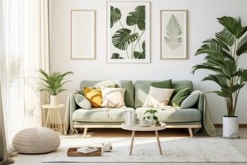 Interior with green couch and plants, suitable for home decor blogs - obrazy, fototapety, plakaty