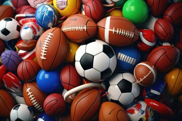 A large pile of assorted sports balls. Perfect for sports and recreation themes