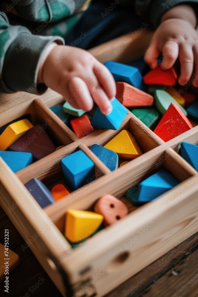 Poster a child playing with wooden blocks, suitable for educational and playful concepts