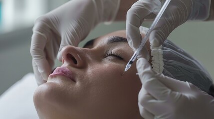 woman getting anti-aging wrinkle treatment by facial injections - obrazy, fototapety, plakaty