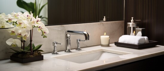 A clean hotel bathroom sink is adorned with a lit candle and delicate flowers placed on its surface. The faucet stands elegantly in the background, adding to the serene ambiance.