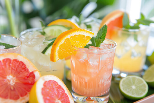 Refreshing citrus cocktails with mint and ice - High-quality image featuring citrus cocktails with fresh fruit, ice, and mint garnish, perfect for summer