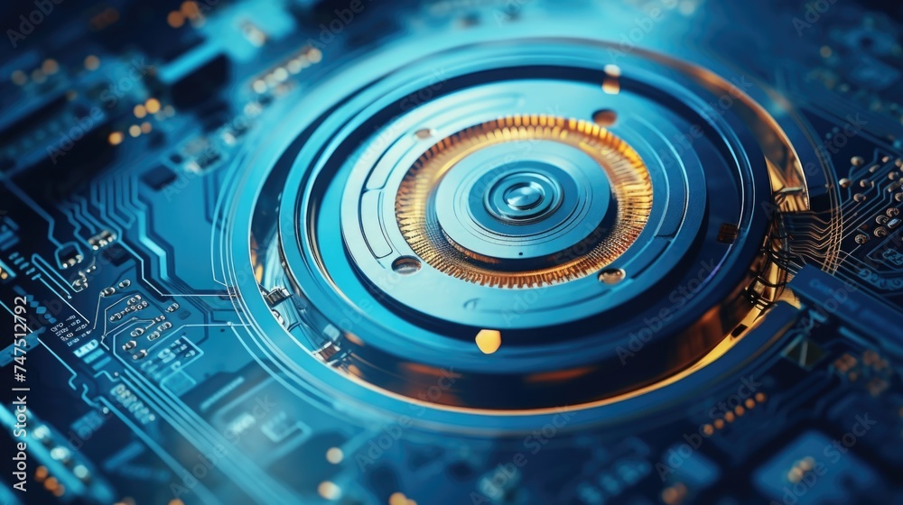 Poster Close up of a circuit board with a camera, suitable for technology concepts