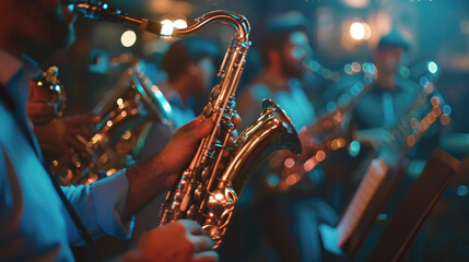Saxophone section playing in a jazz band - Musicians with saxophones performing in a vibrant, lively jazz band ensemble