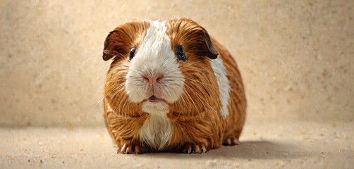 a close up of a brown and white guinea pig on a light brown background with a white spot on it's face.