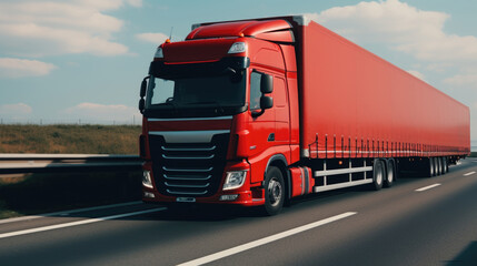 A red semi truck driving down a highway. Suitable for transportation industry promotions