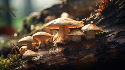 A group of mushrooms sitting on top of a log. Suitable for nature and outdoor themes