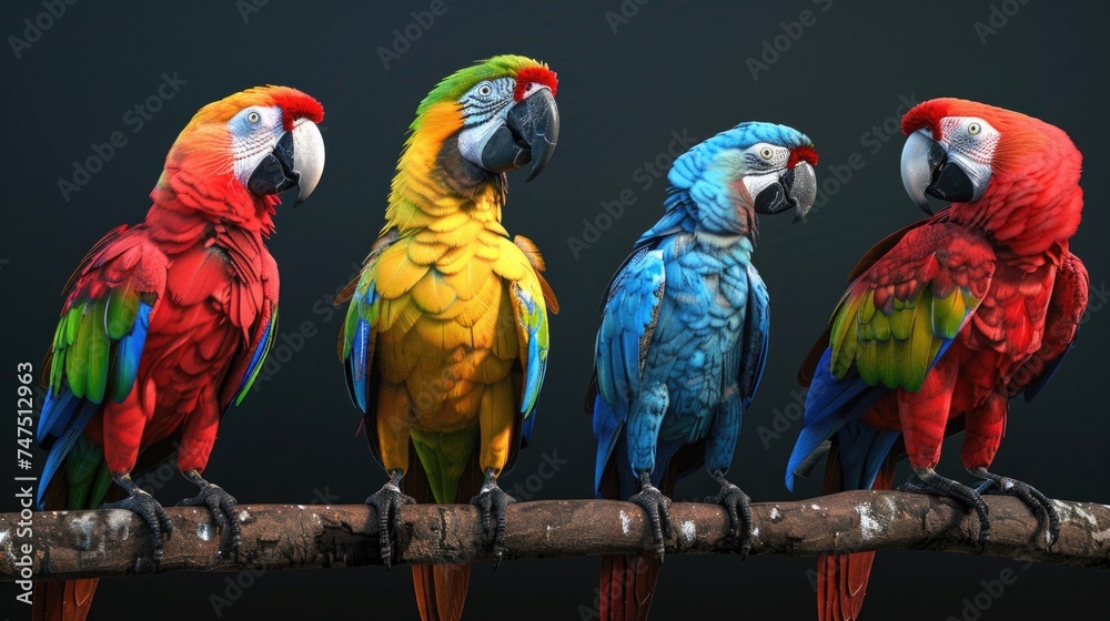 Poster group of colorful parrots perched on a branch. suitable for nature or wildlife themes