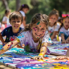 Group of children engaged in a colorful outdoor art class