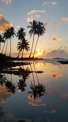 Serene tropical beach sunset with palm trees - A tranquil scene of palm trees silhouetted against a sunset reflecting on calm waters on a beautiful tropical beach