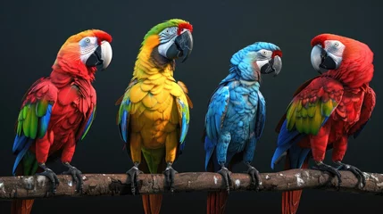 Stof per meter Group of colorful parrots perched on a branch. Suitable for nature or wildlife themes © Fotograf