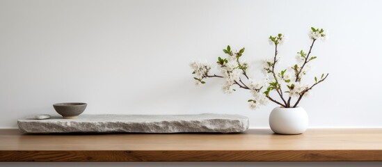 A simple scene of a vase holding a flower placed on a vintage wooden table, set against a minimalist white and wooden kitchen background.