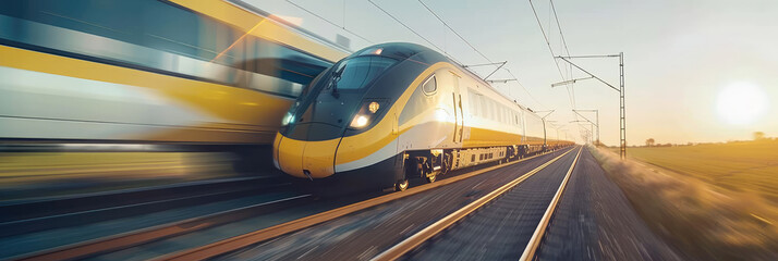 Speeding yellow train on tracks at sunset - A modern high-speed train races along its track, engined by the warm hues of a setting sun in a scenic countryside - obrazy, fototapety, plakaty