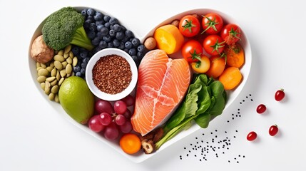 Heart-shaped plate of healthy heart foods with acai, lentils, soy sauce, ginger, salmon, carrot, tomato, turmeric, cinnamon, walnuts, garlic, peppers, broccoli, basil, onion isolated on white