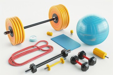A variety of exercise equipment including a ball, rope, dumbs, and a pair of scissors. Great for fitness and gym concepts