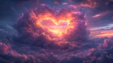 Fantasy scene in the sky. Multi-colored clouds in the shape of a heart. The concept of love for creativity, sublime love between people, being in the feeling of being in love. Airy love. - obrazy, fototapety, plakaty