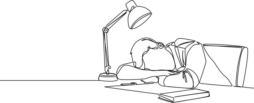 recommend clip art: continuous single line drawing of overworked man sleeping at office desk, line art vector illustration