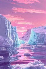 Stunning painting of icebergs in the ocean at sunset, perfect for nature enthusiasts and travel blogs