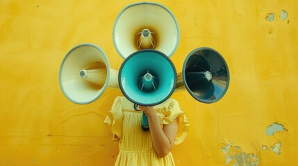 Woman in a yellow dress holding a blue and white megaphone, suitable for communication concepts