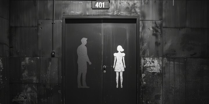 A black and white photo of a woman and a man standing together at a door. Suitable for various design projects