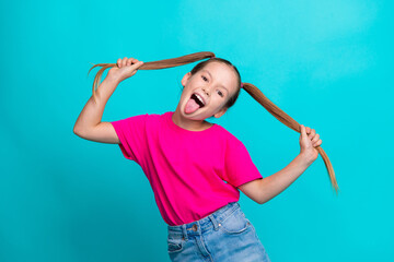 Obrazy na Plexi  Photo of positve optimistic cheerful good mood girl wear stylish pink clothes enjoying weekend vacation isolated on cyan color background