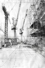 Detailed illustration of a construction site, suitable for architectural projects
