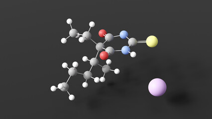sodium thiopental molecular structure, barbiturate general anesthetic, ball and stick 3d model, structural chemical formula with colored atoms