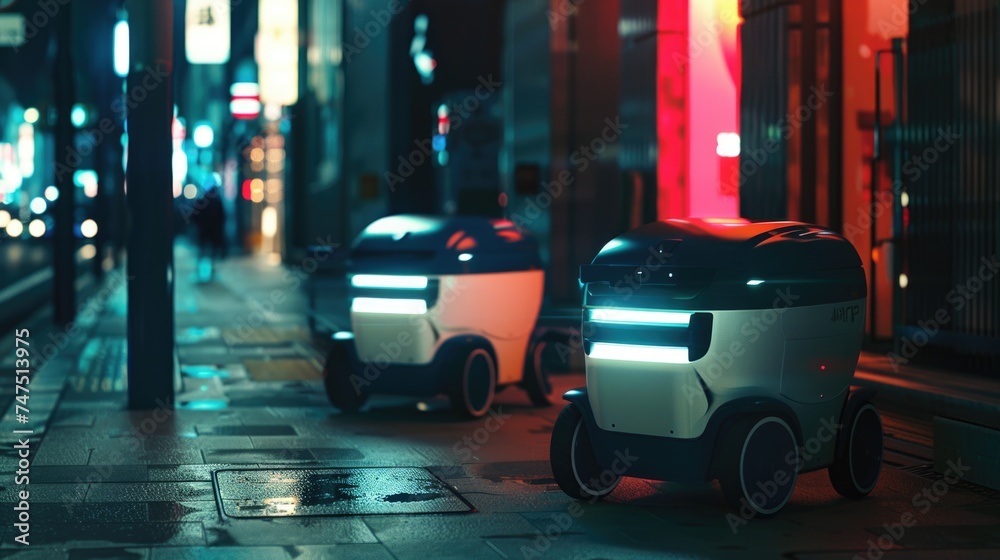 Poster Two robots sitting on sidewalk. Suitable for technology concepts