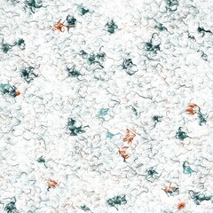 Thin curves and bright splashes. Abstract seamless background. Japanese pattern imitation. Bottle green, moonstone blue and brown rust colors. Handmade drawing.