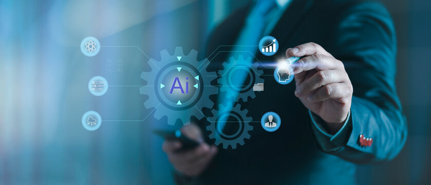 Tech Savvy Innovator Exploring AI Integration in Digital. Artificial Intelligence (AI) technology, Businessman touch the AI icon ensures the secure flow of business information globally connected.