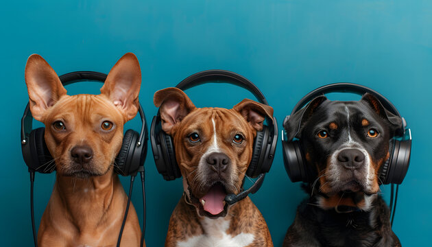 call center of cats and dogs, in a blue background, smiling