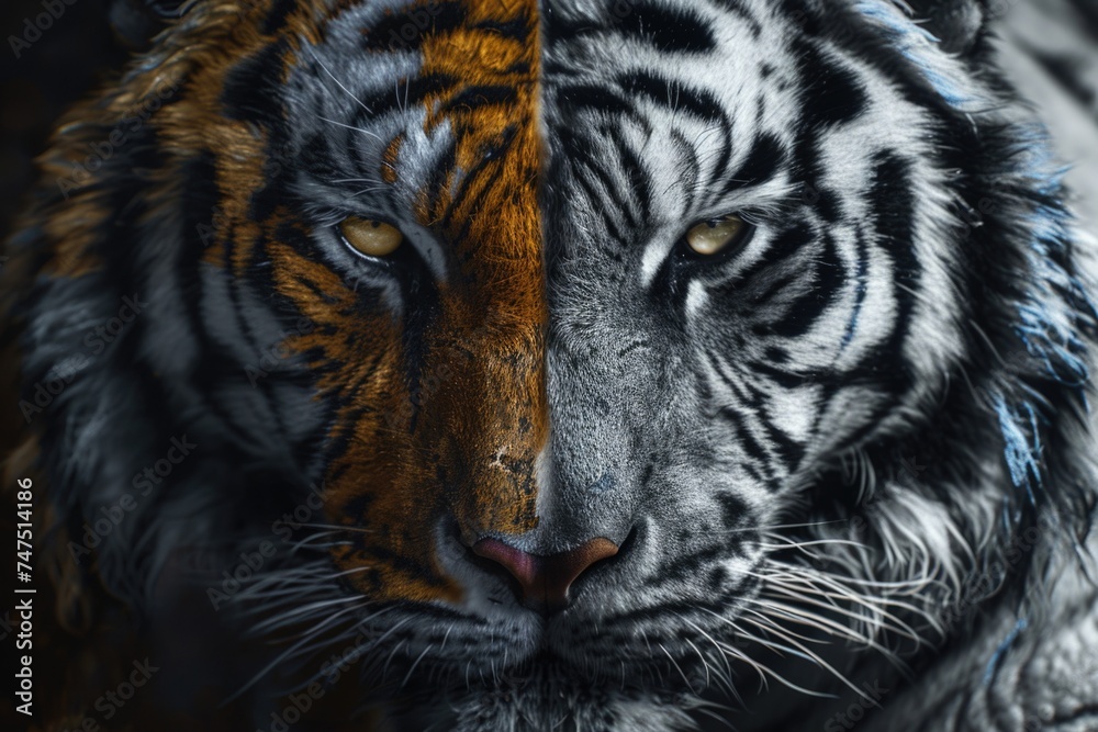 Canvas Prints A close up of a tiger's face with a blurry background. Ideal for wildlife enthusiasts