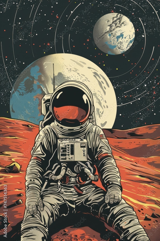 Poster Astronaut sitting on the ground with the moon in the background. Suitable for space exploration concepts