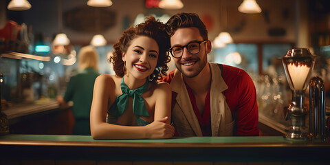 Smiling Couple Enjoying a Date Night at a Retro Diner with Vintage Vibe