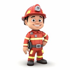 3D character of a firefighter in uniform isolated on white. Cartoon mascot. Fire department, emergency response, rescue operations concept. Heroism and bravery. Element for design, print