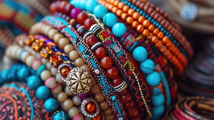 vibrant close-up of an eclectic mix of beaded bracelets, featuring a rich tapestry of colors, textures, and ethnic patterns